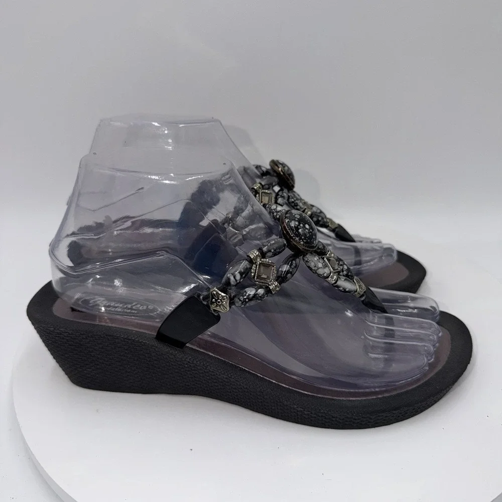 Grandco Sandals Beaded Jeweled Dressy Beach Thong Wedges Marble Stone Women's 8